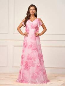 SHEIN Belle Women's Pink Elegant Spring Wedding Formal Bridesmaid Dress, Large Flower Print Ultra-Soft Gauze,Pleated V-Neck Asymmetrical Ruffle Sleeves - Pink - View 7