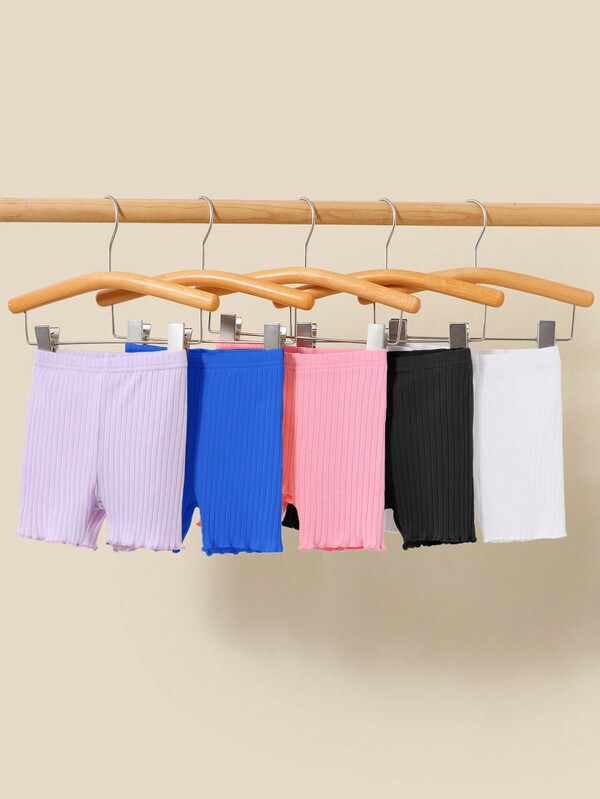 SHEIN 5 pezzi Set di pantaloncini casual in maglia a vita elastica di colore unito per bambine