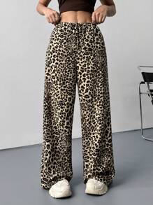 LYSMO Women's Summer Fashionable Leopard Print Wide Leg Pants-Animal Prints Western - Khaki - View 3