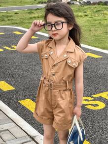 Mono tejido de estilo coreano con tirantes, cierre de botones, cintura con correa y cierre de cremallera oculto para niña joven, primavera/verano - Marrón - Ver 4