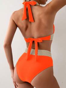 女士夏季海灘顏色積木系結頸兩件式比基尼套裝 - 橘色 - 查看 2