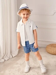 SHEIN 2pcs YoungBoy Outfit, Short Sleeve Graphic Shirt And Breathable Plaid Shorts, Suitable For Spring/Summer, School, Party - White - View 1
