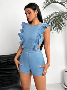SHEIN EZwear Bộ đồ liền thân denim khoét lưng khoét lưng thông thường dành cho nữ, mùa hè - Màu xanh lam - Xem 5