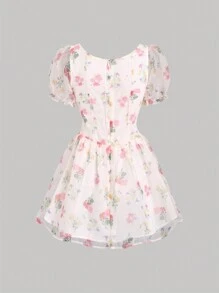 Lunelith SHEIN Lunessa Women's Summer Floral Print A-Line Puff Sleeve Sweet And Romantic Dress