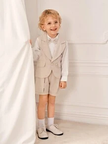SHEIN 3pcs Gentleman Set: Long Sleeve White Shirt, Herringbone Lapel Vest And Shorts, Stylish For Birthday Party, Wedding, Performance