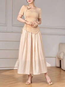 Modelyn Women's Solid Color Asymmetrical Neckline Pleated Short Sleeve Top And Skirt Casual Summer Two-Piece Set 2 Pieces Set - Apricot - View 3