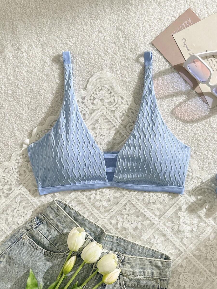 SHEIN Swim Solid Color Deep V-Neck Bikini Top, Summer Beach Swimwear - Blue - View 1