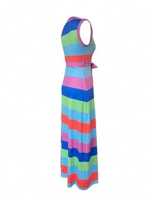 LovelyWholesale Round Neck Color Block Stripe Print Belted Sleeveless Dress - Multicolor - View 6
