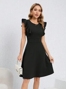 HOMEYEE Retro Sleeveless Flared A-Line Business Dress With Round Neck And Ruffle Trim - Black - View 4