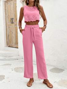 Breezaya Set áo crop top và quần dài màu trơn cho kỳ nghỉ và giải trí - Hồng - Xem 6