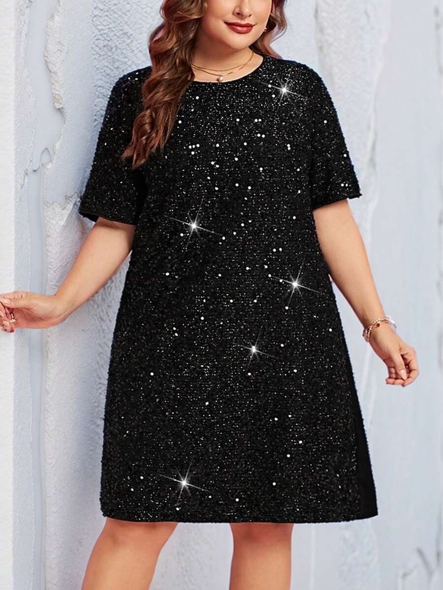 SHEIN Clasi Women's Plus Size Patchwork Sparkly Dress - Black - View 1