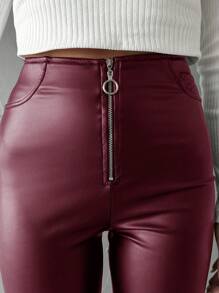 SHEIN Cottnline Women's Zipper Front Stretchy Skinny Pants - Red Violet - View 5
