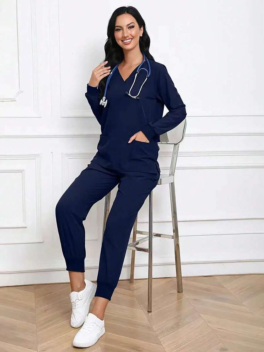 纯色长袖上衣和裤子 手术服套装 - 藏蓝色 - 查看 1