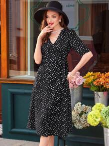 Vintamour Vestido envolvente elegante y vintage para mujeres, vestido de lunares de verano con lazo y cuello en V con cinturón negro, ropa de maestra, falda larga, atuendo para concierto de mujeres, estilo old money, vestido de trabajo casual, vestidos largos para mujeres, hawaiano - Negro - Ver 5