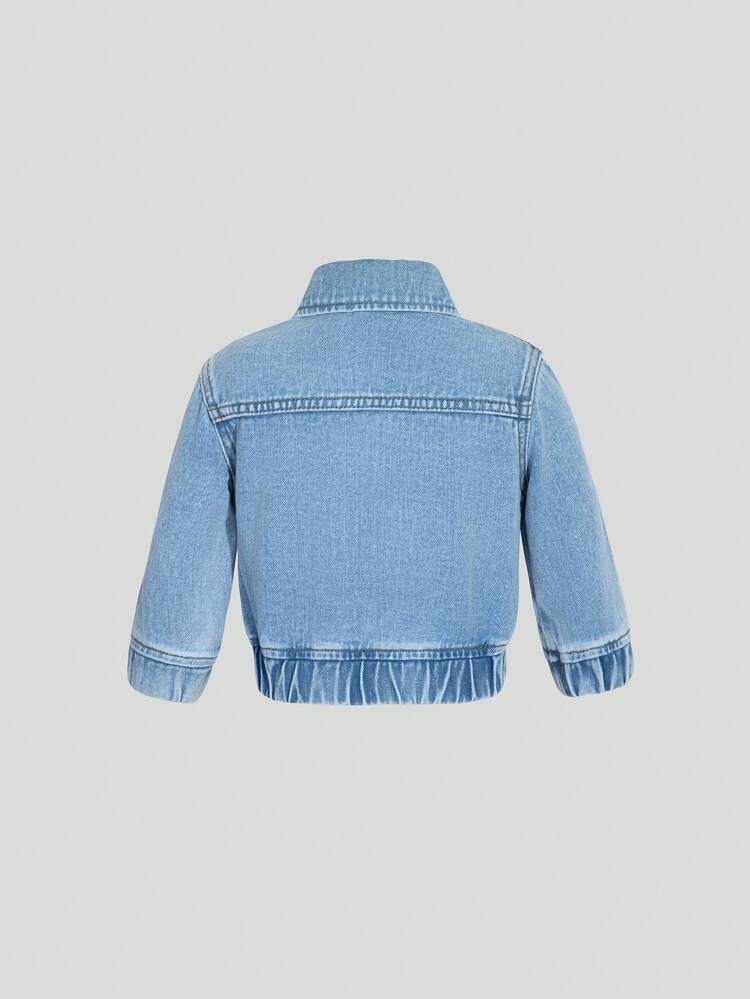 Baby Boy All-Match Light Blue Washed Denim Jacket With Turn-Down Collar, Casual Style