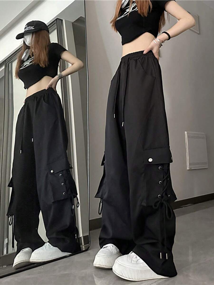 Women's Strap Pocket Cargo Pants - Black - View 1