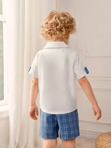 SHEIN 2pcs YoungBoy Outfit, Short Sleeve Graphic Shirt And Breathable Plaid Shorts, Suitable For Spring/Summer, School, Party - White - View 2