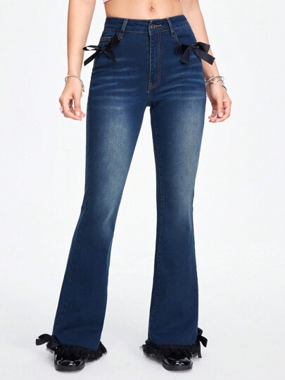 Kawaii Ladies" Fashionable Flared Jeans With Bow And Lace Insertion