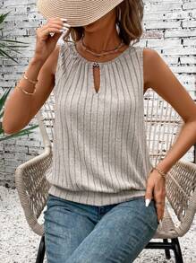 EMERY ROSE Áo ba lỗ có họa tiết trang trí bằng kim loại mùa hè dành cho nữ có đường viền cổ vuông với kiểu dáng vừa vặn thoải mái, áo sơ mi khiêm tốn bằng hoa hồng Emery - Màu Khaki - Xem 3