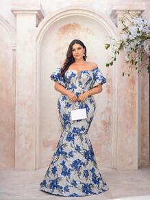 SHEIN Belle Plus Size Cinza Azul Luxo Ouro Prata Seda Jacquard Cetim Manga Princesa Sem Alças Sexy Elegante Lindo Dramático Vintage Bainha Sereia Formal Baile Jantar Noite Vestidos Semi Formal Vestido de Convidado de Casamento, Para Aniversário, Formatura, Baile de Boas-vindas - Multicolorido - Ver 2