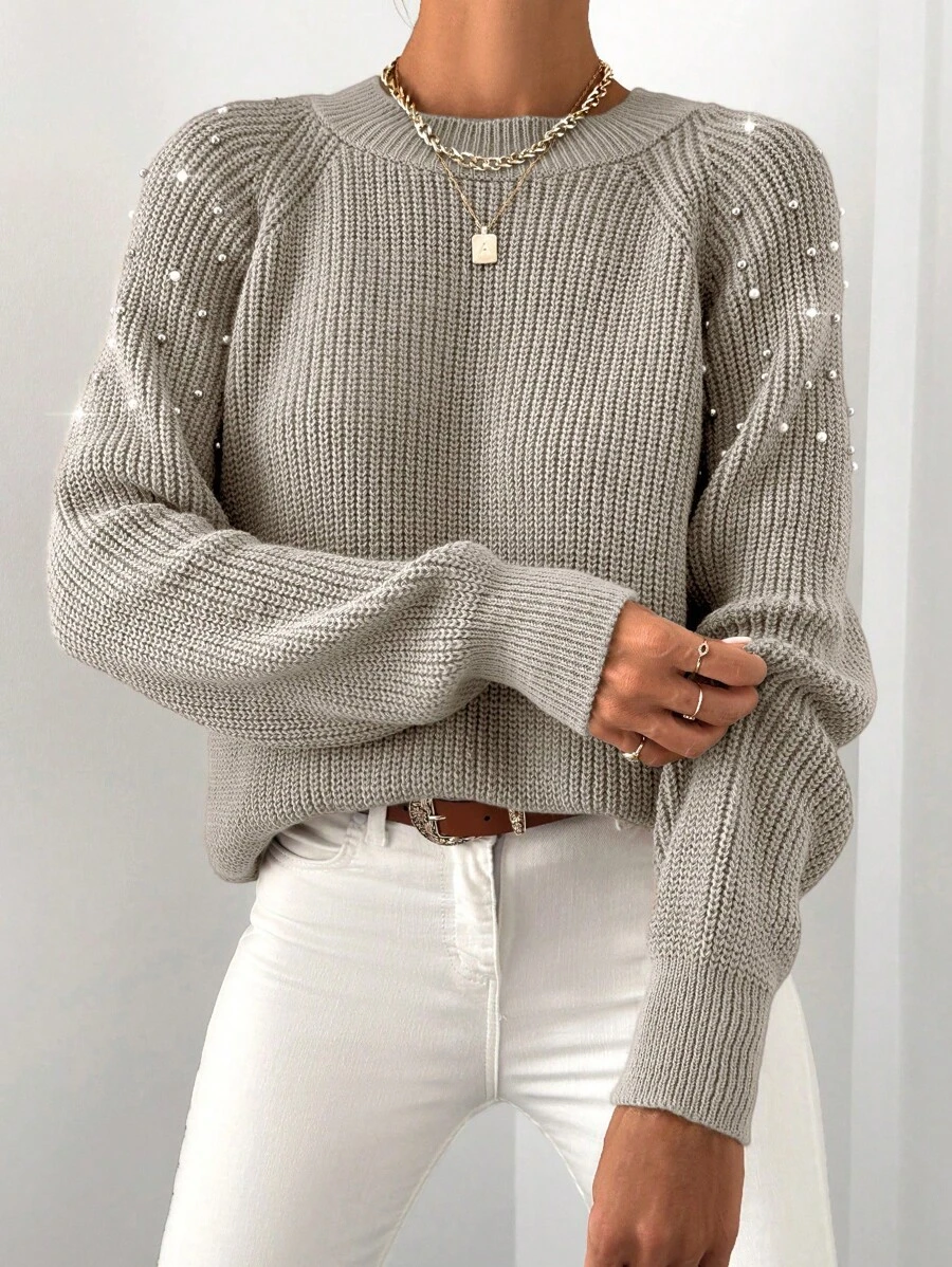 EURMUSE Women's Round Neck Raglan Long Sleeve Sweater - Apricot - View 1