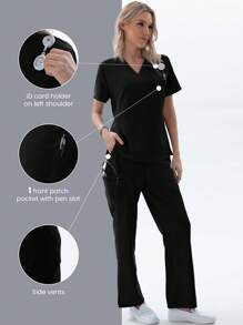 TaskEZ Conjunto de uniforme para mujer de enfermera (1 top de cuello en V con bolsillo + 1 pantalón de cintura elástica y 4 bolsillos) con acabado mate