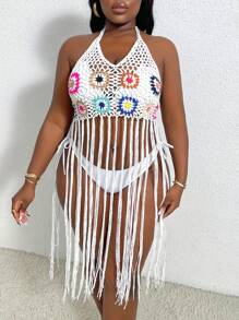 Plus Size Crochet Beach Cover Up With Fringe Hem, Open Back And Neck Tie For Summer - Multicolor - View 6