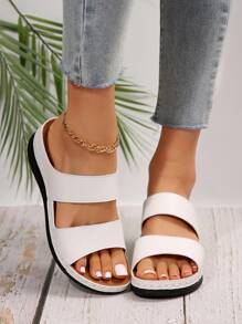 Women's Fashionable White Metal Buckle Decor Wedge Platform Sandals, Hollow-Out Peep Toe Design, Reinforced Stitching, Soft Anti-Slip Soles, Casual Versatile Style