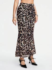 ROMWE Falda larga con cola de pescado con estampado de leopardo para mujer de moda de verano - Multicolor - Ver 5