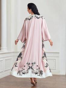 MOTF PREMIUM CASACO FLORAL DE MANGA BARRA EM BLOCO DE COR E VESTIDO DE CINTURA DE PÉROLAS FALSAS E BARDA FLARE - Rosa empoeirado - Visão 6