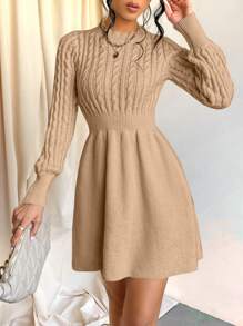 EURMUSE Women's Round Neck Long Sleeve Knitted Sweater Dress - Apricot - View 5