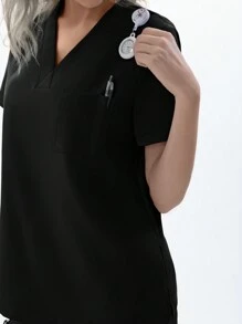 TaskEZ Conjunto de uniforme para mujer de enfermera (1 top de cuello en V con bolsillo + 1 pantalón de cintura elástica y 4 bolsillos) con acabado mate