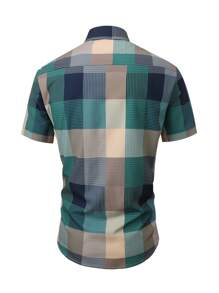 Manfinity Homme 男士夏季格紋短袖休閒襯衫，鈕扣式平紋工作襯衫 - 彩色 - 查看 2