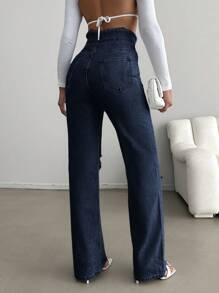 SHEIN Cottnline Vaqueros De Mezclilla Desgastados Con Botones En La Parte Delantera Para Mujer - Azul lavado oscuro - Ver 2