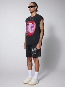 PAVTROS Manfinity Streetrush Men Graphic Print Sleeveless Round Neck Tank Top And Drawstring Letter Print Shorts Summer Casual Outfit - Black - View 4