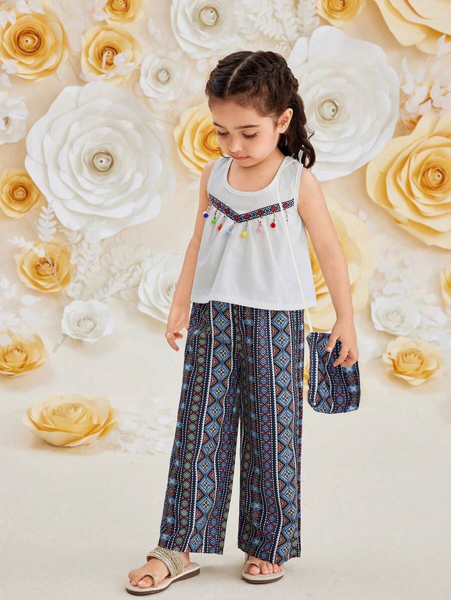 SHEIN Girls'  Summer Vacation Set: Embroidered Colorful Tassel Top + Printed Straight Pants With Crossbody Bag - Blue - View 1