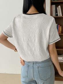 DAZY Áo thun nữ tay ngắn cổ tròn rộng rãi họa tiết tương phản mùa hè - trắng - Xem 2