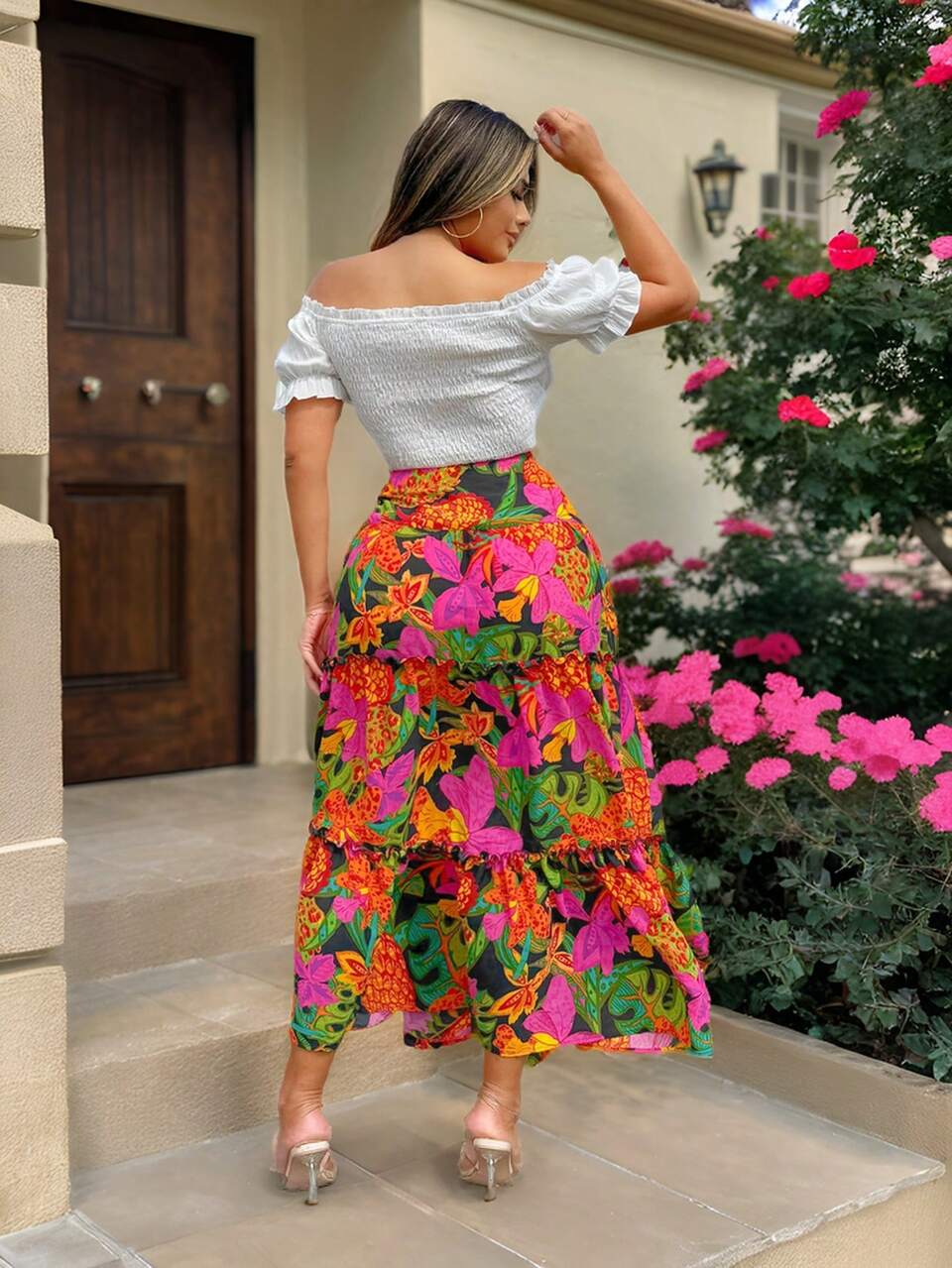 Summer Women's Bohemian Seaside Vacation Floral Print Tower Skirt Women's Layered Ruffle Skirt