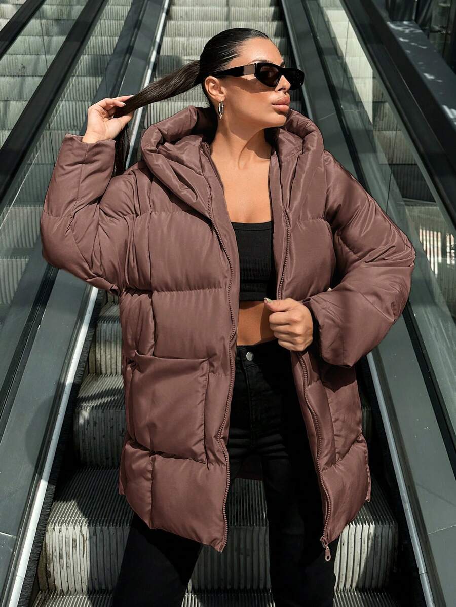 EURMUSE Ladies' Hooded Loose Fit Padded Jacket With Zipper - Brown - View 1