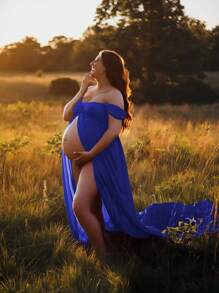 Maternity Chiffon V-Neck Front Split Dress, Perfect For Photography Session, For Photoshoot - Royal Blue - View 7