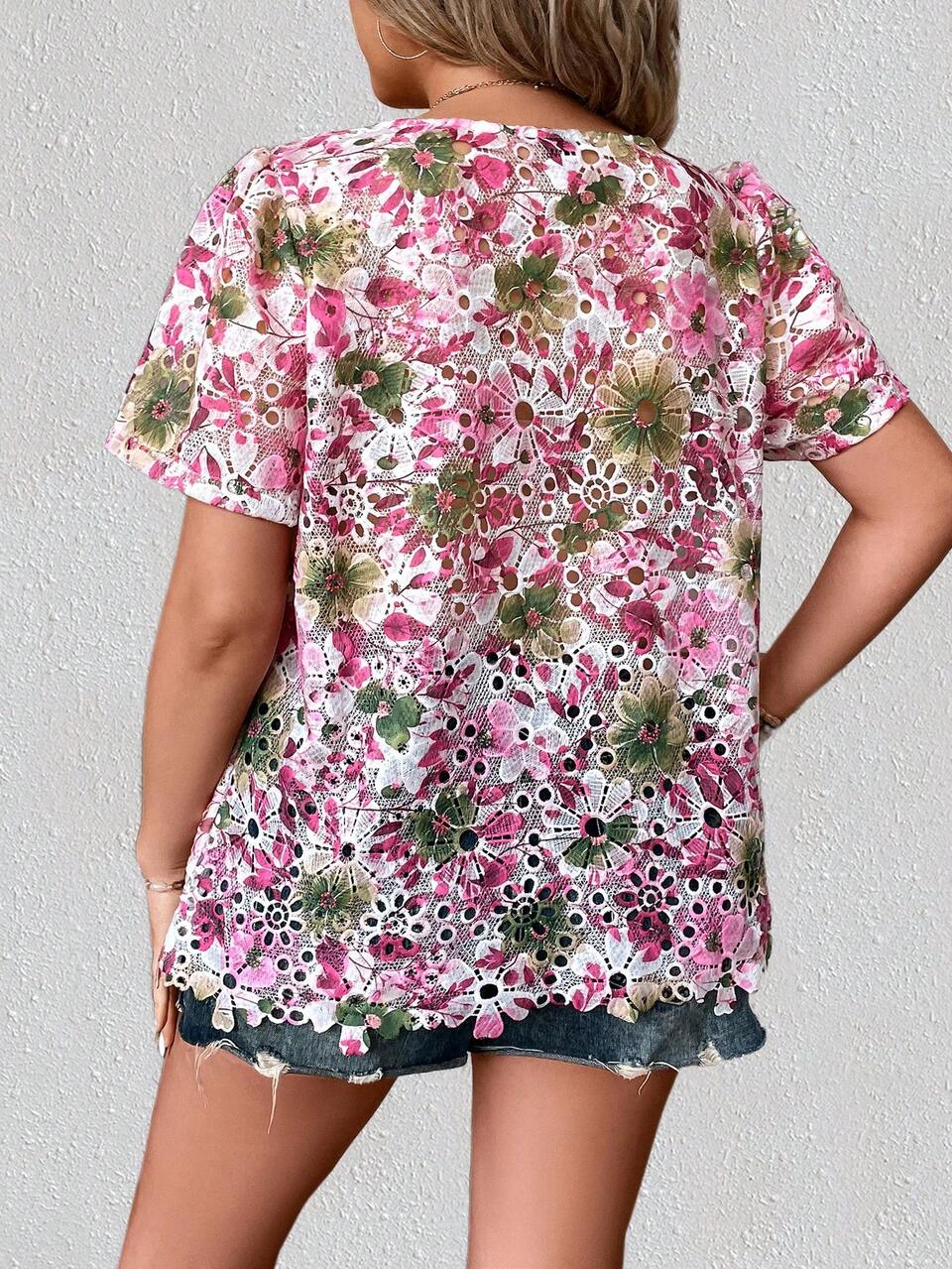 Plus Size Round Neck Flower Print Casual Short Sleeve Shirt, Summer