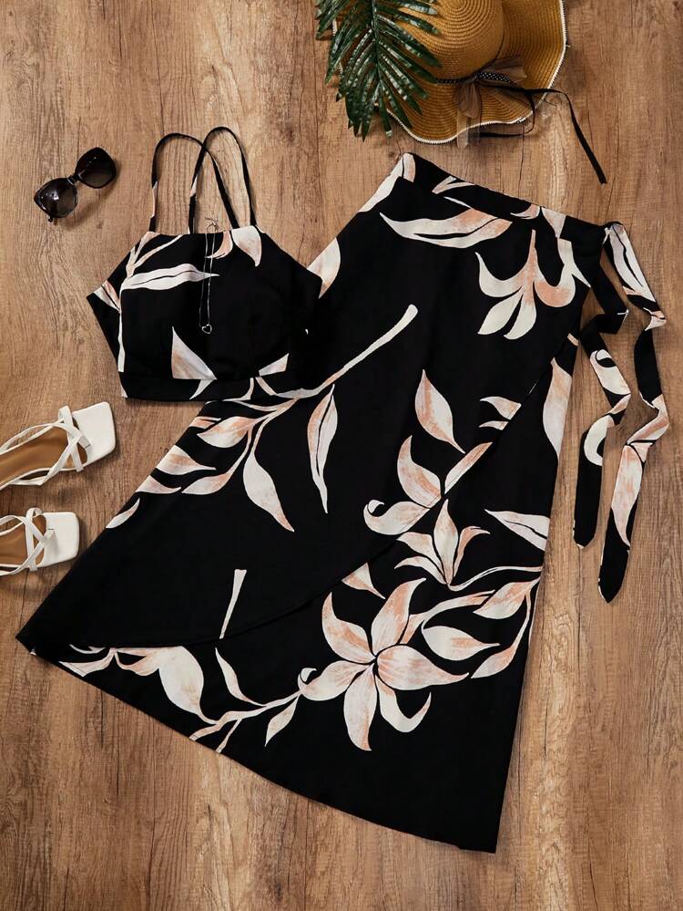 Plus Size Holiday Black Leaf Silhouette Printed Tank Top And Skirt Set For Women Beachwear