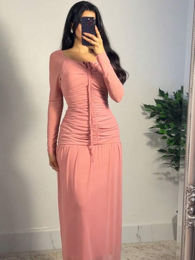 Ladies' Solid Color Simple Daily Wear Bodycon Dress With Pleated Design Long Evening Dresses