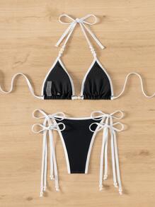 SHEIN Swim Women Color Block Halter Strap Sexy Bikini Set For Vacation Summer