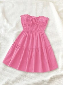 Soleia WYWH 夏季女士度假黑色无肩带素色荷叶边蝴蝶结前系带日常短款连衣裙，拼接设计 - 玫紅色 - 查看 3