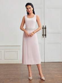 MOTF PREMIUM CASACO FLORAL DE MANGA BARRA EM BLOCO DE COR E VESTIDO DE CINTURA DE PÉROLAS FALSAS E BARDA FLARE - Rosa empoeirado - Visão 5