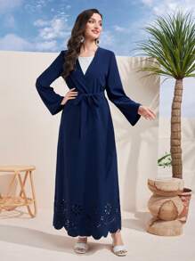 Al Najma Solid Color Belted Long Sleeve Elegant Arabic Abaya, Travel Abaya - Blue - View 3