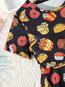 Vestido cómodo de manga corta con estampado de patatas fritas y hamburguesa de dibujos animados para niña joven junto con bolsa, adecuado para salidas y vacaciones de verano - Negro - Ver 3
