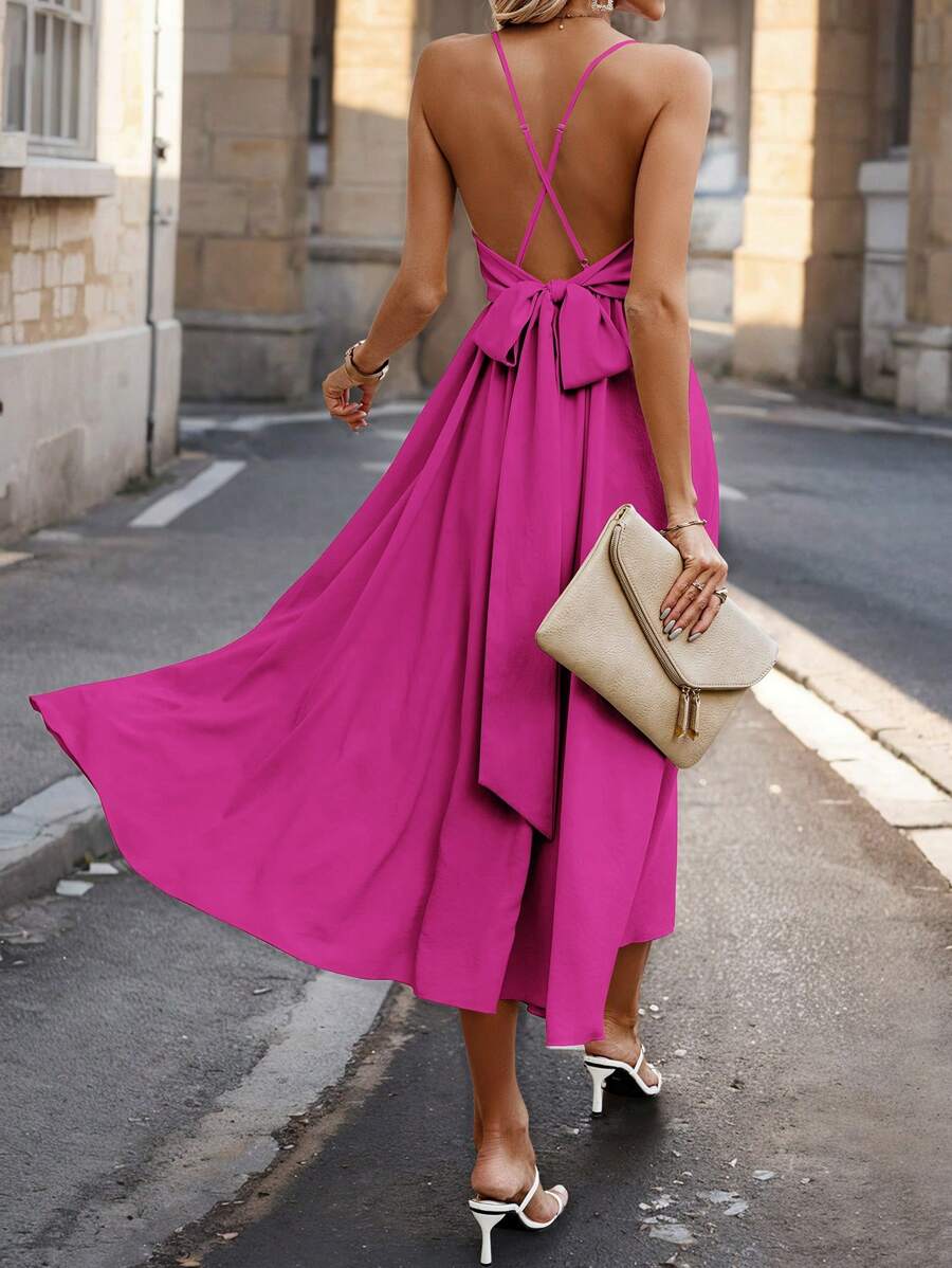 SHEIN Clasi Trang phục thường ngày ngày lễ hở lưng đan chéo mùa hè dành cho nữ - Màu Hồng Tươi - Xem 1