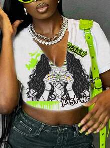 Slaydiva Street Style Short Sleeve Drop Shoulder T-Shirt With Portrait Print And V-Cut Neckline, H - White - View 1